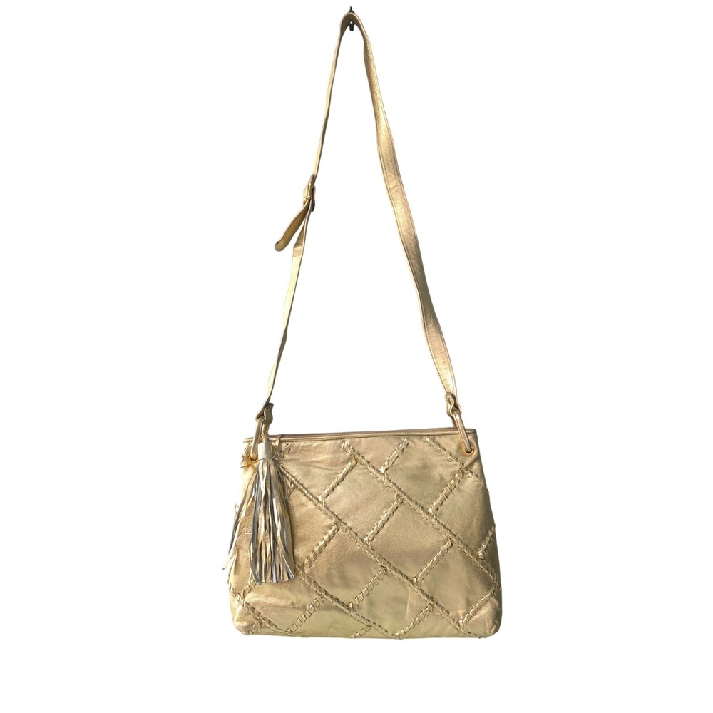 Lindsey Metallic Womens Gold Genuine Leather Woven Lattice Crossbody Bag